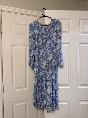 Blue Floral Long-Sleeve Smocked Midi Dress